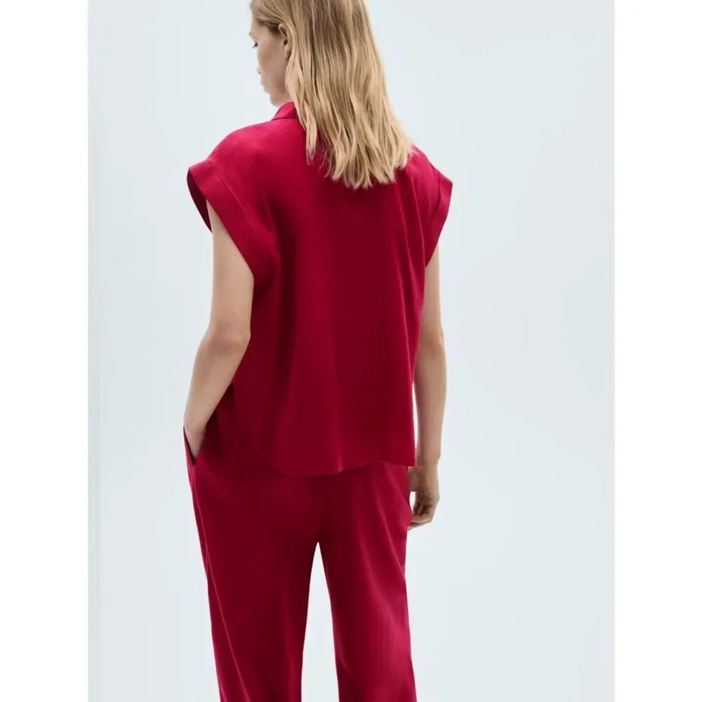 Mango Co-Ord Linen Set Flowy Pants and Blouse New